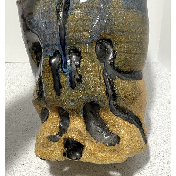 1977 Studio pottery ugly face pitcher jug vase cobalt blue and stoneware signed - Picture 13 of 14